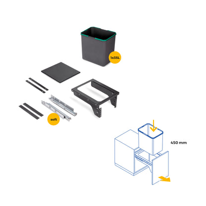 Emuca Recycling container for side fixing on kitchen furniture Recycle 1x35 litres, Steel, Anthracite grey plastic