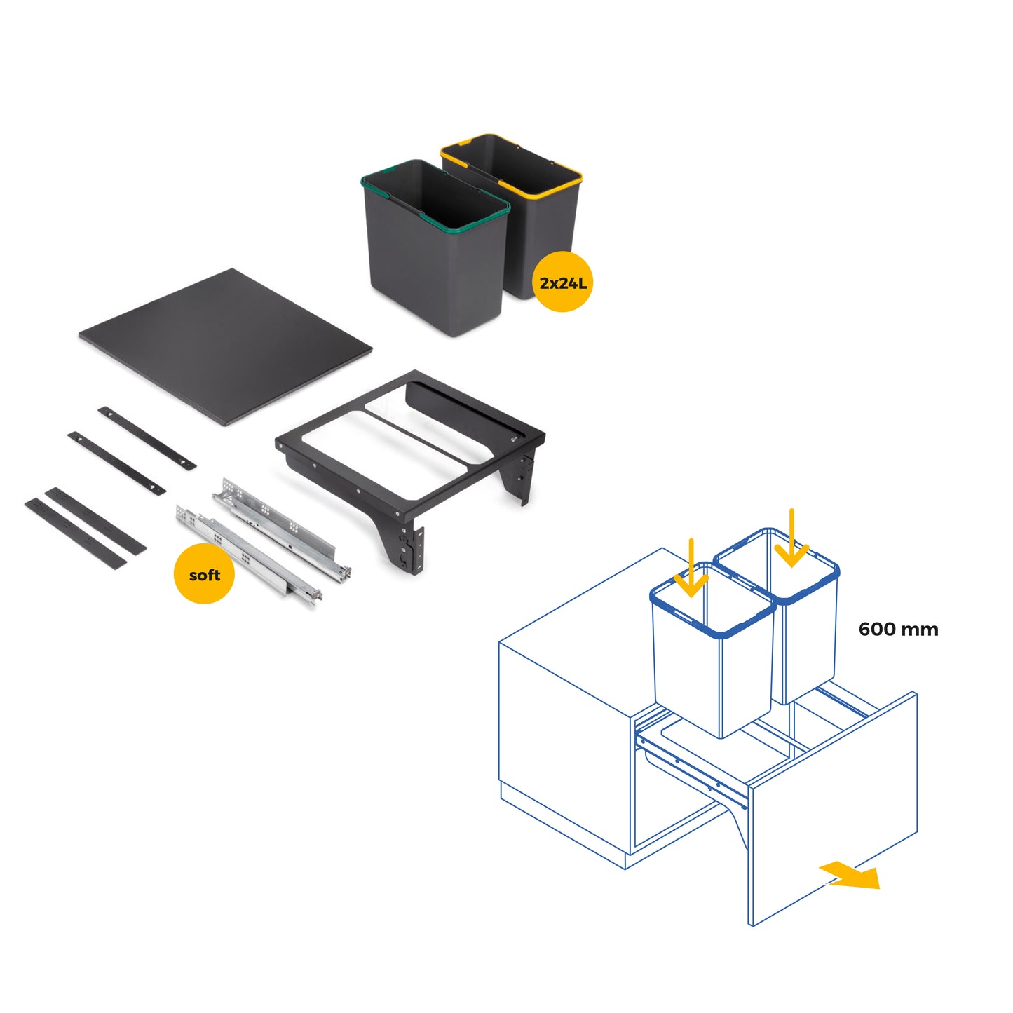 Emuca Recycling container for side fixing on kitchen furniture Recycle 2x24 litres, Steel, Anthracite grey plastic