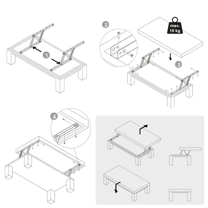 Emuca Juego de mecanismos elevables para mesas de centro, permite elevar la mesa 192mm, Acero, Pintado negro