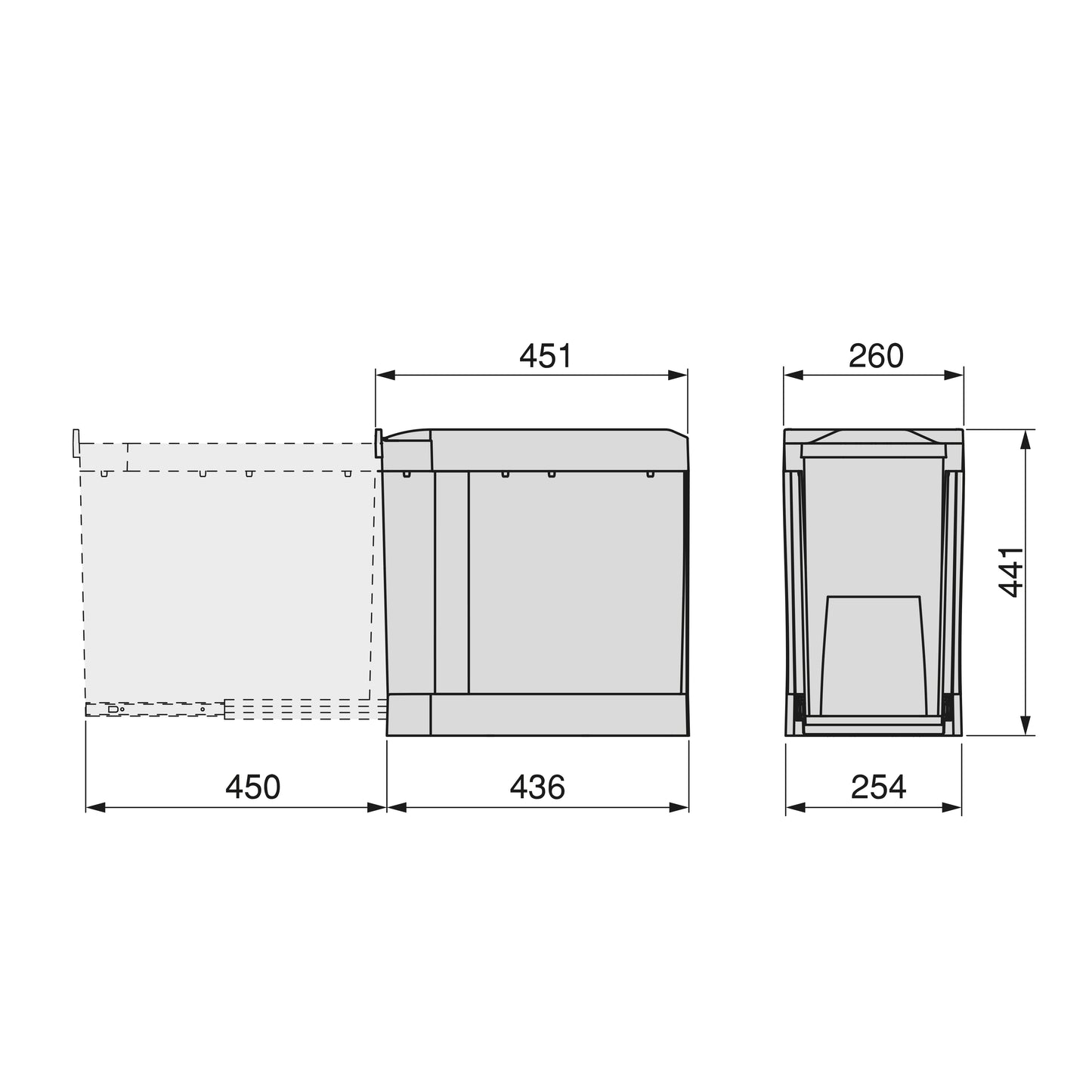 Emuca Recycling bins for kitchen, 1 x 30L, bottom fixing and automatic extraction, Steel and Plastic, Anthracite grey