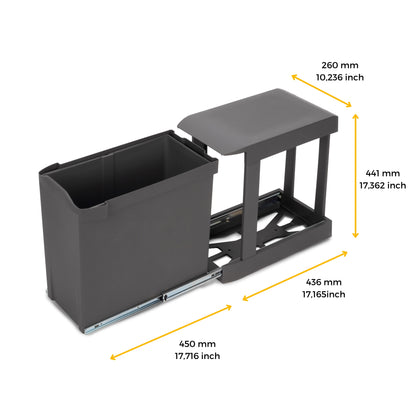 Emuca Recycling bins for kitchen, 1 x 30L, bottom fixing and automatic extraction, Steel and Plastic, Anthracite grey