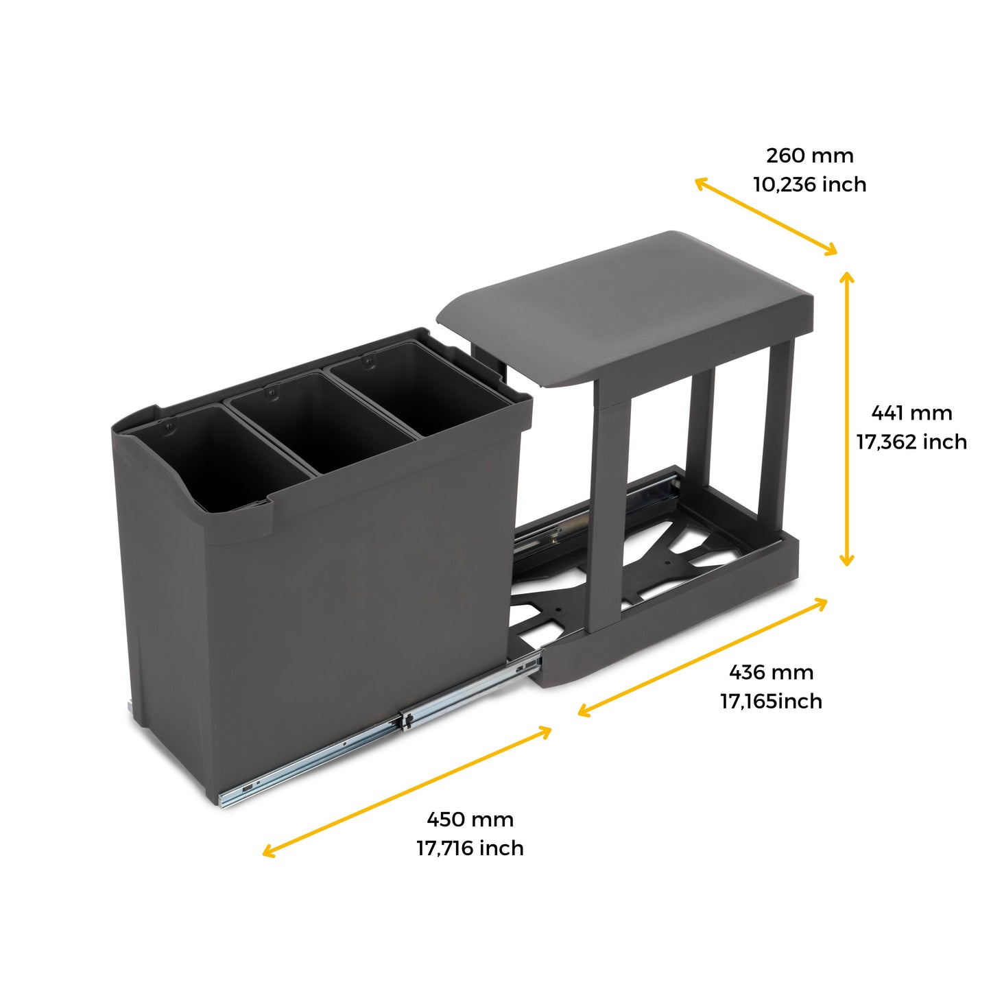 Emuca Recycling bins for kitchen, 3 x 10L, bottom fixing and automatic extraction, Steel and Plastic, Anthracite grey