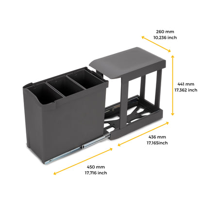 Emuca Recycling bins for kitchen, 3 x 10L, bottom fixing and automatic extraction, Steel and Plastic, Anthracite grey