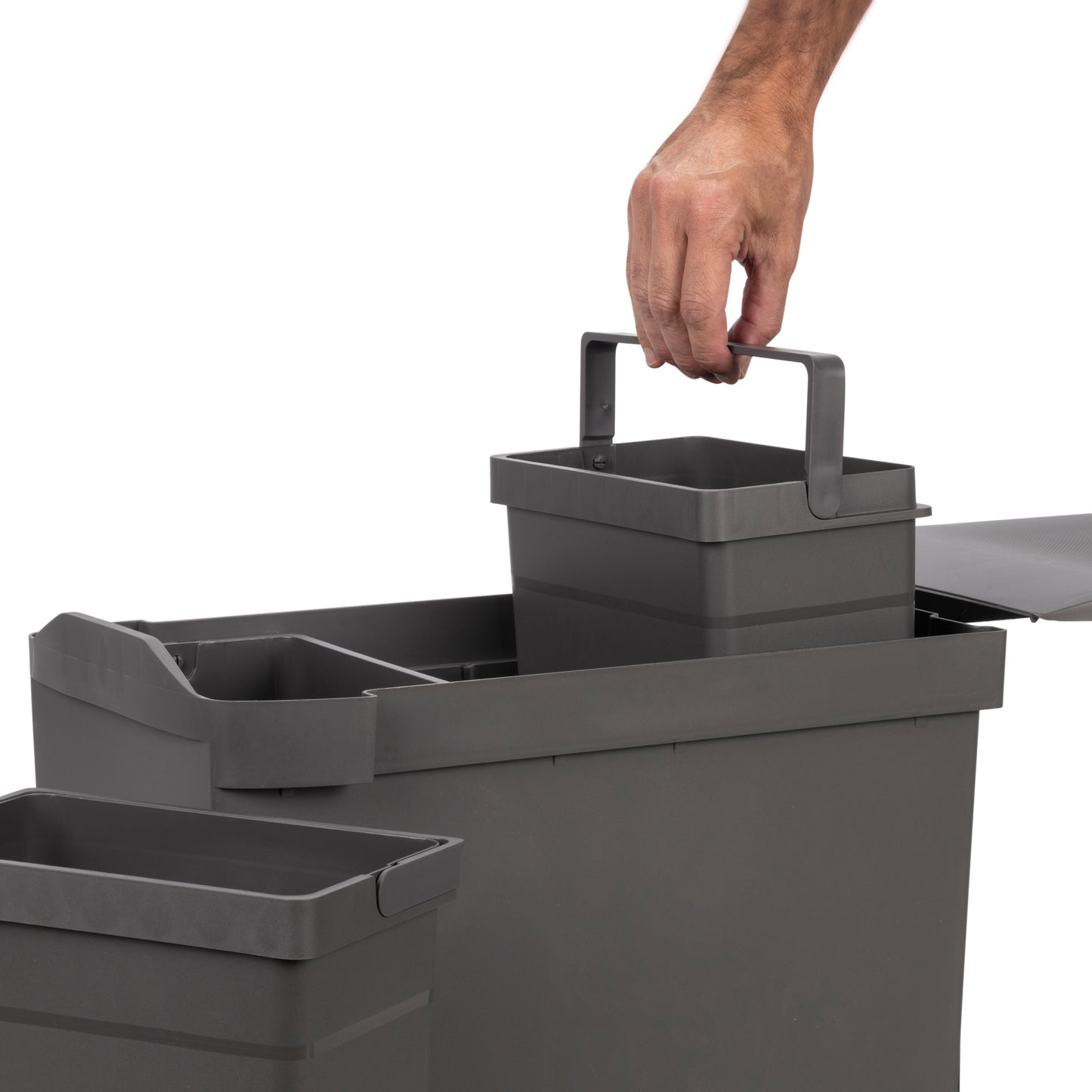 Emuca Recycling bins for kitchen, 3 x 10L, bottom fixing and automatic extraction, Steel and Plastic, Anthracite grey