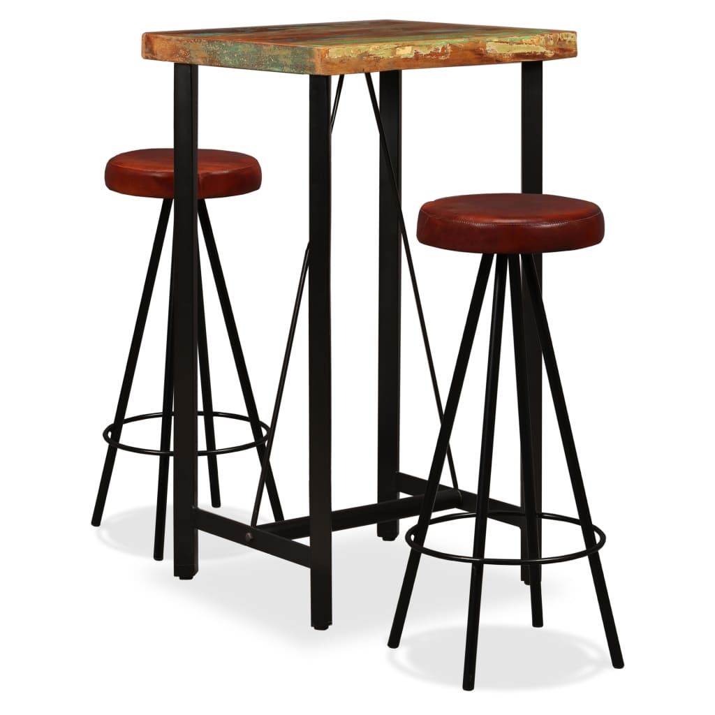 3-piece bar furniture set made of solid recycled wood and genuine leather