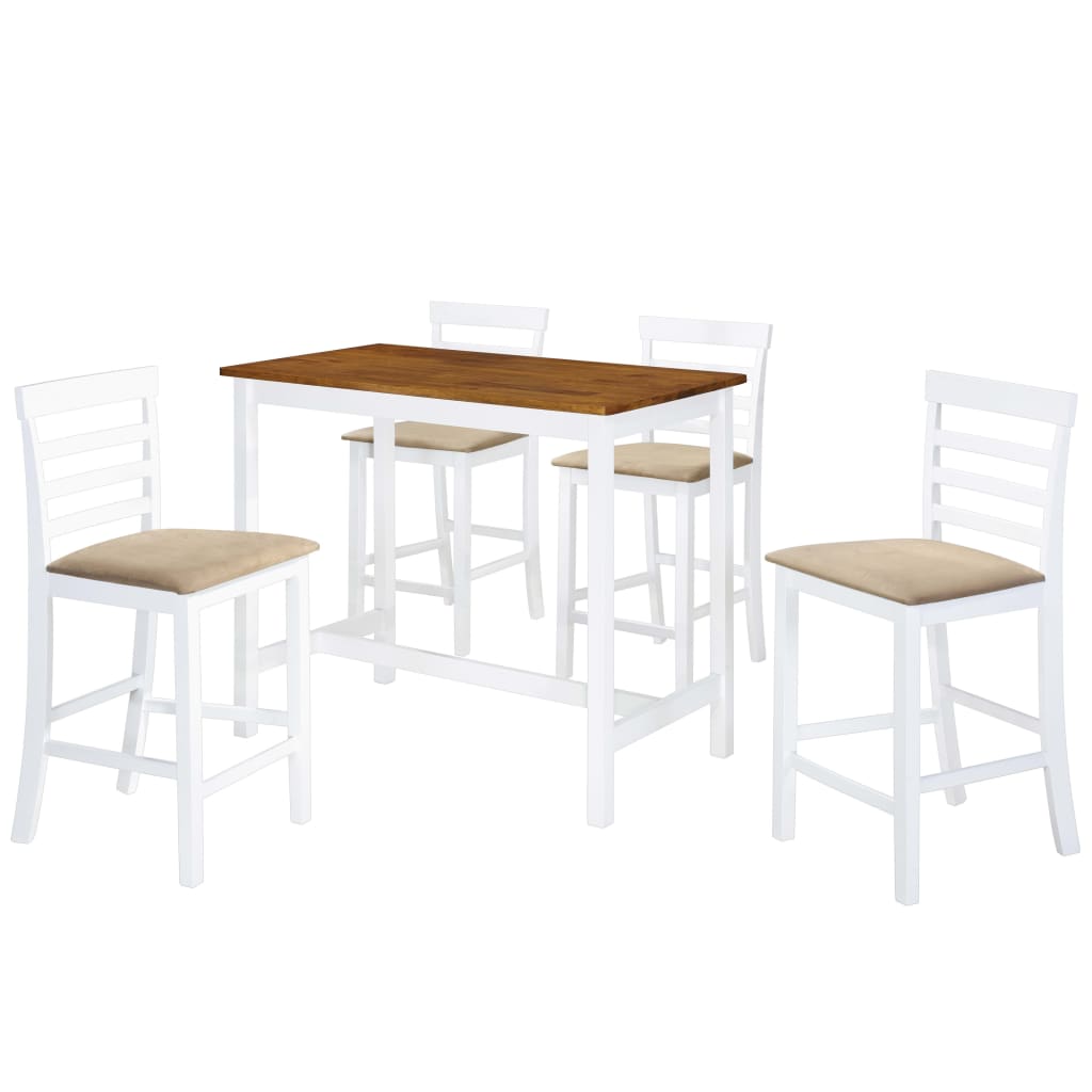 5-piece bar table and chairs set, solid wood, brown and white