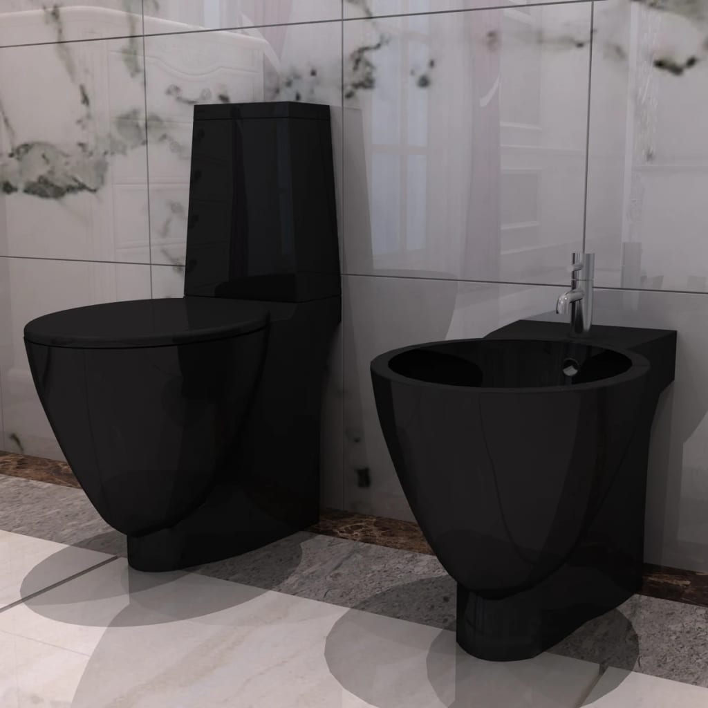 Black ceramic toilet and bidet