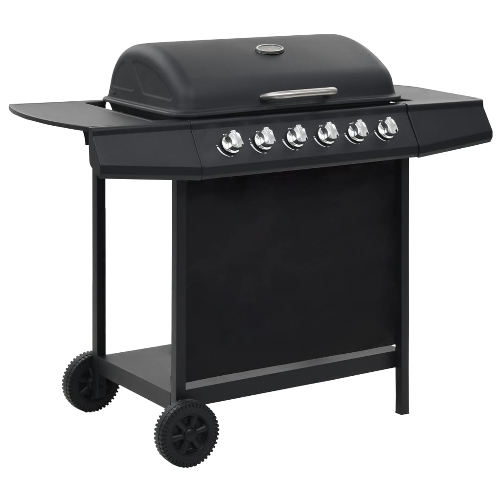 Portable gas barbecue with 6 black cooking zones made of steel