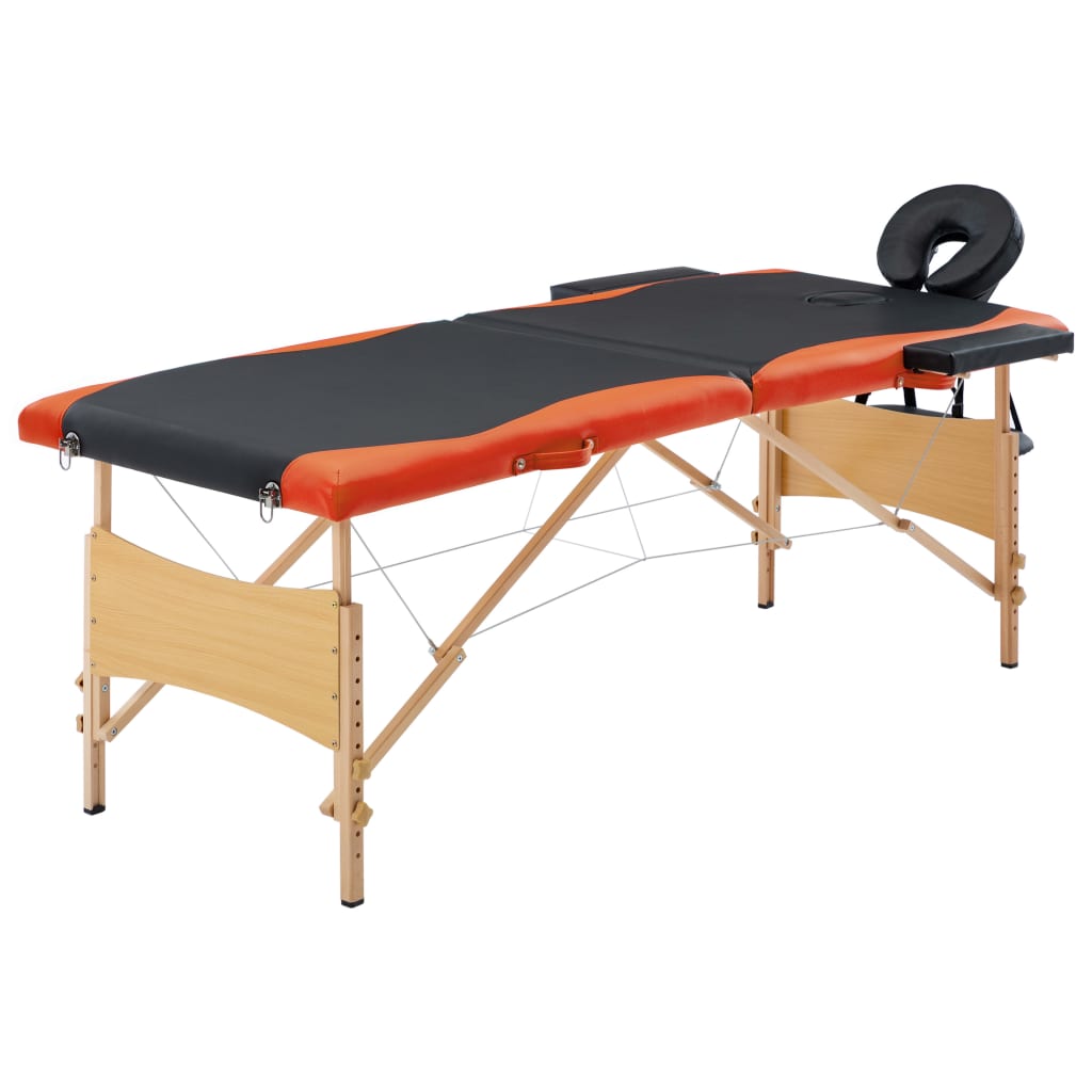 Folding massage table 2 zones black and orange wood