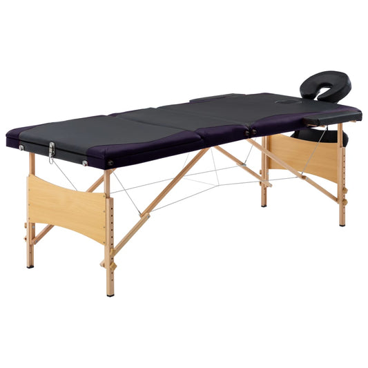 Folding massage table 3 zones black and purple wood