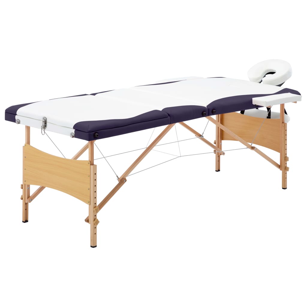 Folding massage table 3 zones white and purple wood