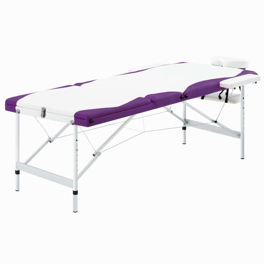 Folding massage table 3 zones white and purple aluminum