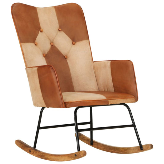 Genuine leather and brown canvas rocking chair