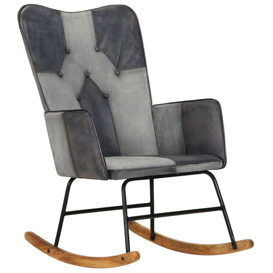 Genuine leather and grey canvas rocking chair