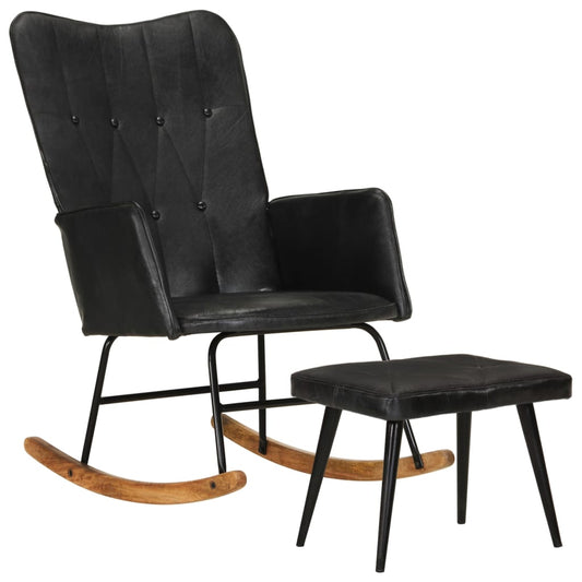 Rocking chair with stool genuine black leather