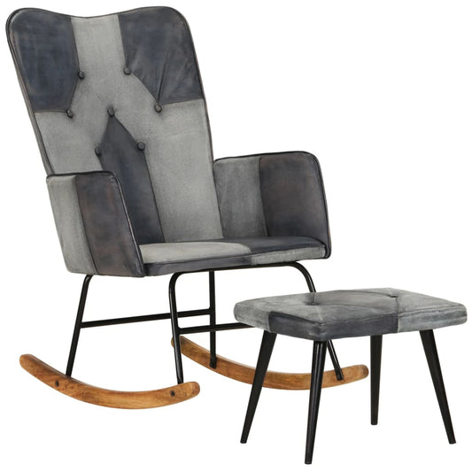 Rocking chair with stool genuine leather and grey canvas