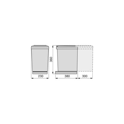 Emuca Recycling container for lower fixing and manual extraction in kitchen furniture 1 x 16 liters and automatic lid, Plastic, Grey