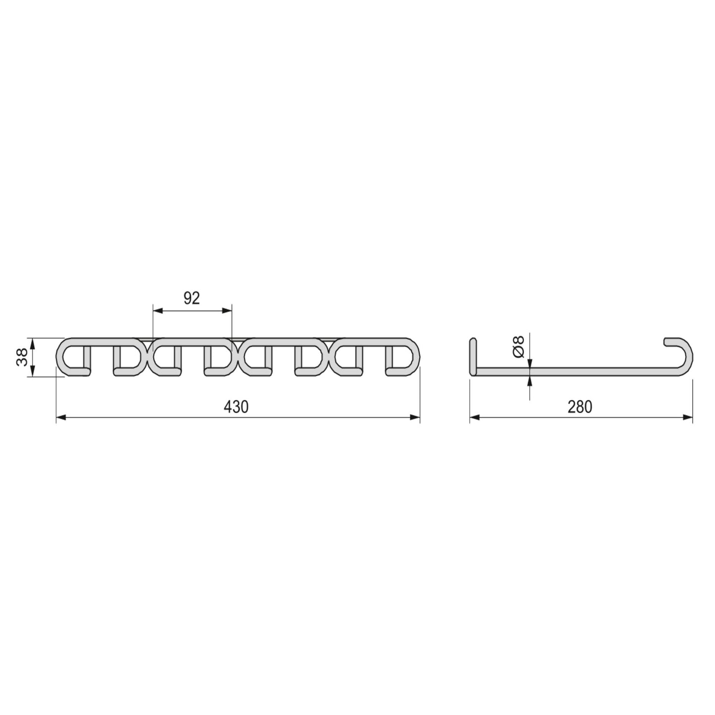 Emuca Cup holder for 4-row furniture, length 280mm, Steel, Chrome