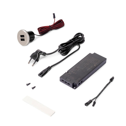 Emuca Kit de conector USB para carga Plugy, incluye convertidor y 2 USB tipo A, para encastrar en el mueble en diámetro 25mm, Plástico, Gris metalizado