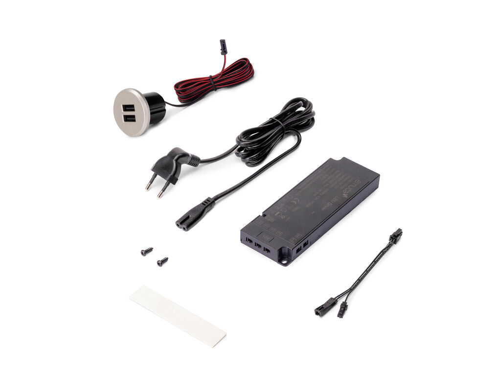 Emuca Kit de conector USB para carga Plugy, incluye convertidor y 2 USB tipo A, para encastrar en el mueble en diámetro 25mm, Plástico, Gris metalizado