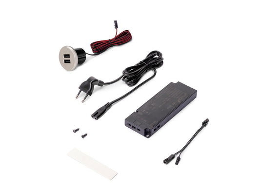 Emuca USB connector kit for Plugy charging, includes converter and 2 USB type A, to be embedded in the furniture with a diameter of 25mm, Plastic, Metallic grey