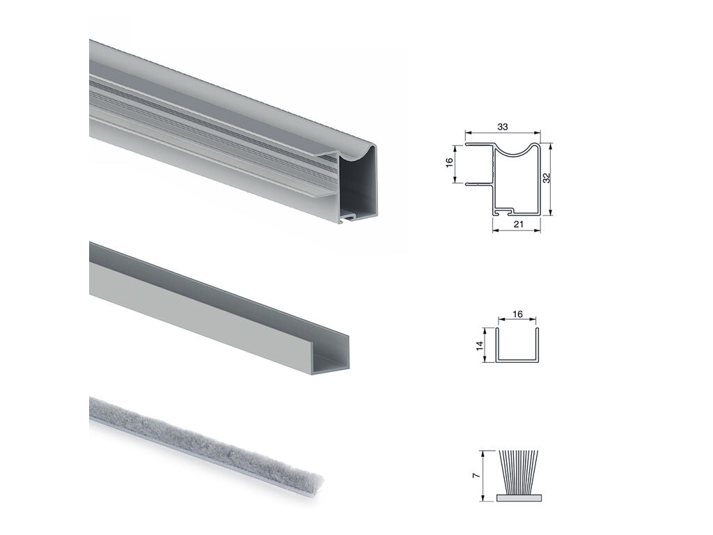 Emuca Hardware kit for 2 sliding doors and soft closing wardrobe Placard 81, Wave profile, 16mm thick, boards not included, Matt anodized