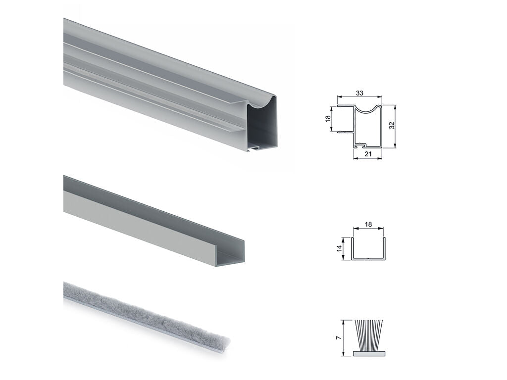 Emuca Hardware kit for 2 sliding doors and soft closing wardrobe Placard 81, Wave profile, 16mm thick, boards not included, Matt anodized