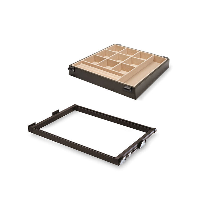 Emuca Kit de cajón joyero y bastidor de guías para armarios Moka, cierre suave, regulable, Acero y aluminio, Color moka