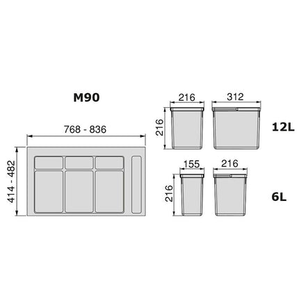 Kit de contenedores de reciclaje para cajón de cocina con base
