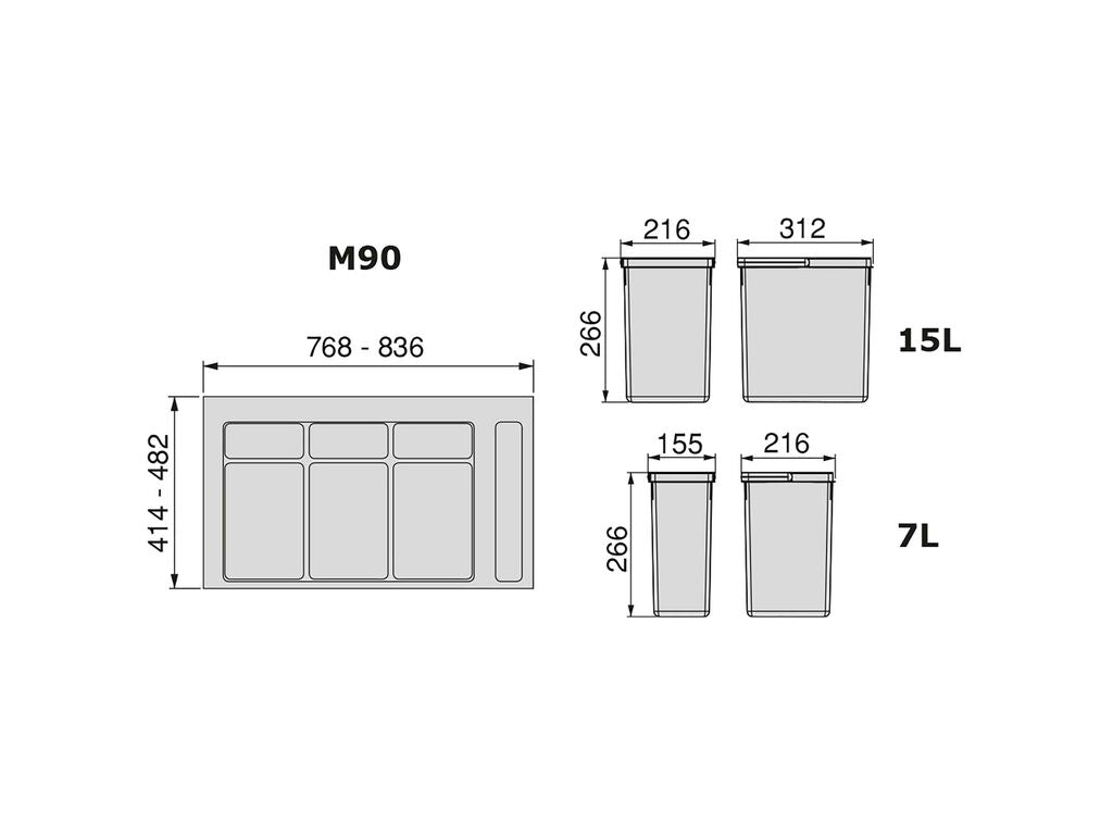 Kit de contenedores de reciclaje para cajón de cocina con base