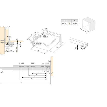 Juego de guías ocultas para cajones Silver, de extracción total, con push, Acero, Cincado