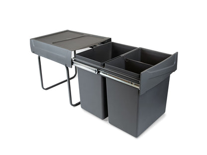 Emuca Recycling container for lower fixing and manual extraction in kitchen furniture Recycle 2x20 litres, Anthracite grey plastic