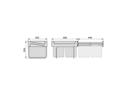 Emuca Recycling container for lower fixing and manual extraction in kitchen furniture Recycle 2x20 litres, Anthracite grey plastic