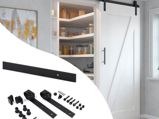 Emuca Hardware kit for a Barn wooden hanging sliding door, Without soft closing, panels not included, Steel and Plastic, Black painted