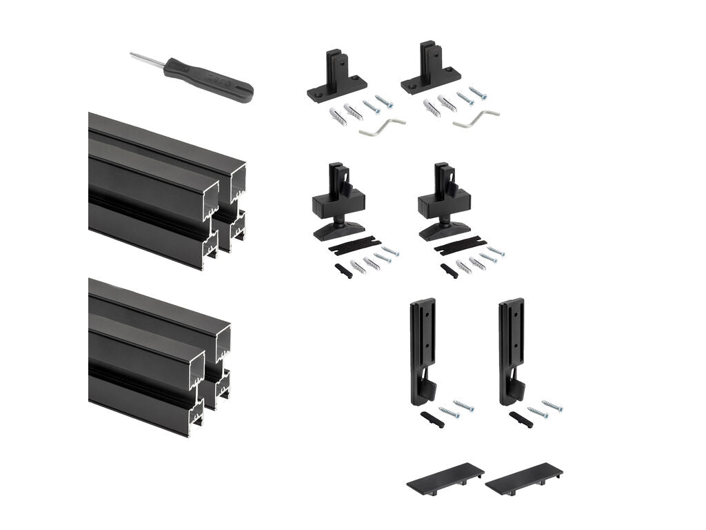 Emuca Set of 3 Zero structures with fittings and profiles for floor and wall mounting with rectangular leveler, Aluminium and Zamak, Textured black