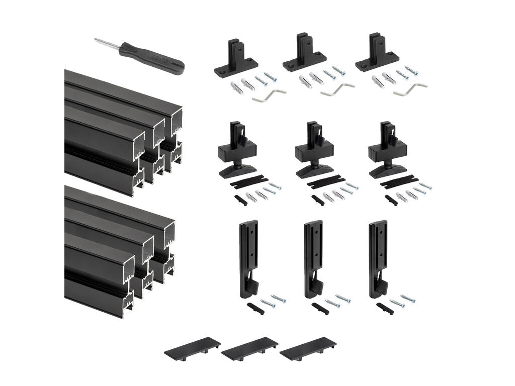 Emuca Set of 3 Zero structures with fittings and profiles for floor and wall mounting with rectangular leveler, Aluminium and Zamak, Textured black