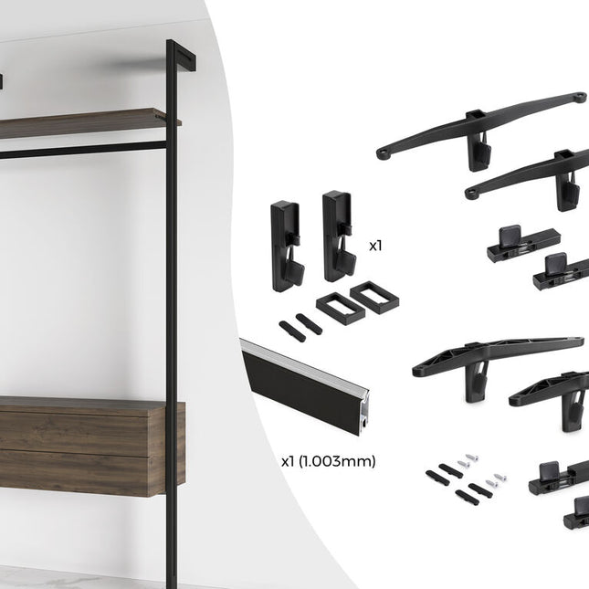 Emuca Kit of supports for 1 wooden shelf, 1 module and 1 hanging bar of length 1m Zero