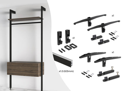 Emuca Kit of supports for 1 wooden shelf, 1 module and 1 hanging bar of length 1m Zero, Zamak, Painted textured black