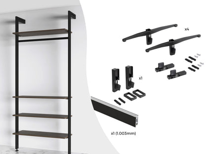 Emuca Kit of supports for 4 wooden shelves and 1 hanging bar, 1m long, Zero, Aluminium and Zamak and Plastic, Painted in textured black