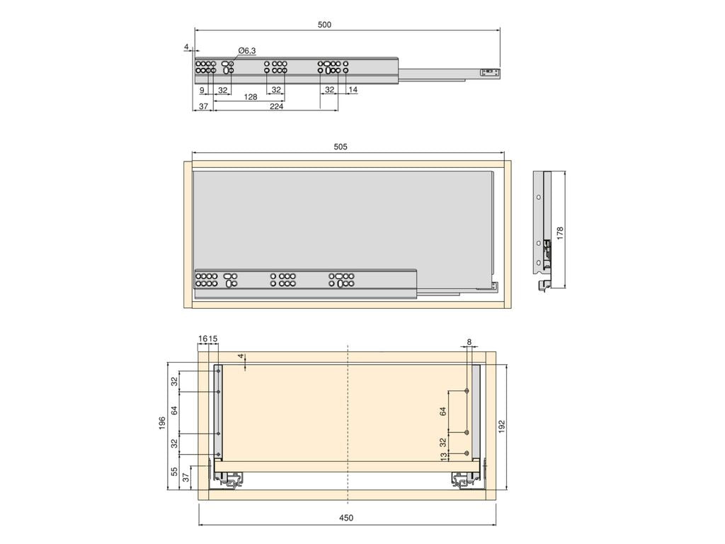 Kit de cajón para cocina o baño Vertex de altura 178mm con tableros incluidos