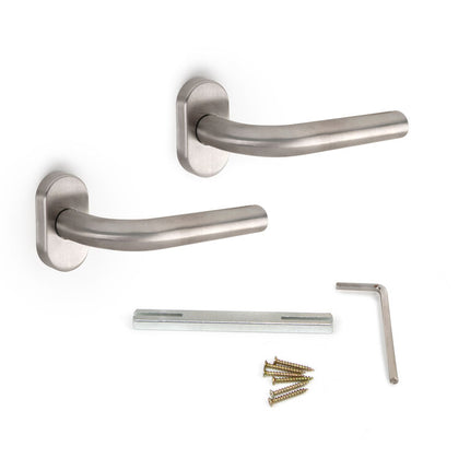 Set of 2 handles with oval rosette for interior doors, L-shaped, stainless steel, satin nickel