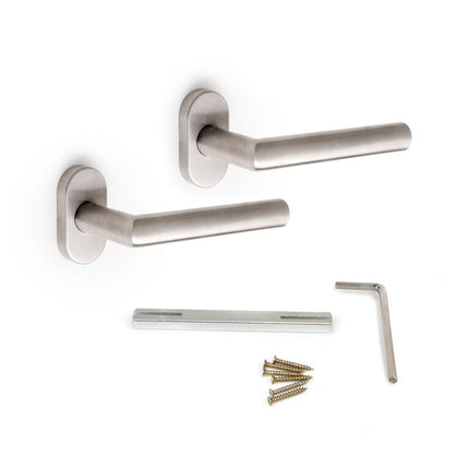Set of 2 handles with oval rosette for interior doors, L-shaped, stainless steel, satin nickel