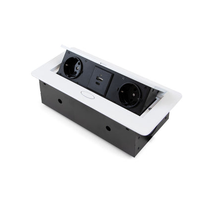 Emuca Multiconector para escritorio Atom 26 Lite, 225x111mm, 2 enchufes tipo Schuko, 1 USB tipo A, 1USB tipo C, Zamak-Acero-Plástico