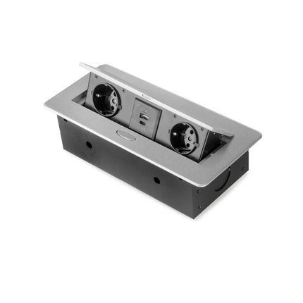 Emuca Multiconector para escritorio Atom 26 Lite, 225x111mm, 2 enchufes tipo Schuko, 1 USB tipo A, 1USB tipo C, Zamak-Acero-Plástico