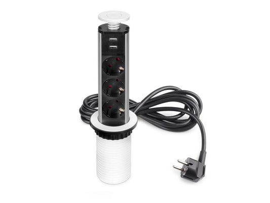 Emuca Vertical removable multi-connector, 3 Schuko type sockets, 2 USB type A, Plastic and Aluminum, Painted white