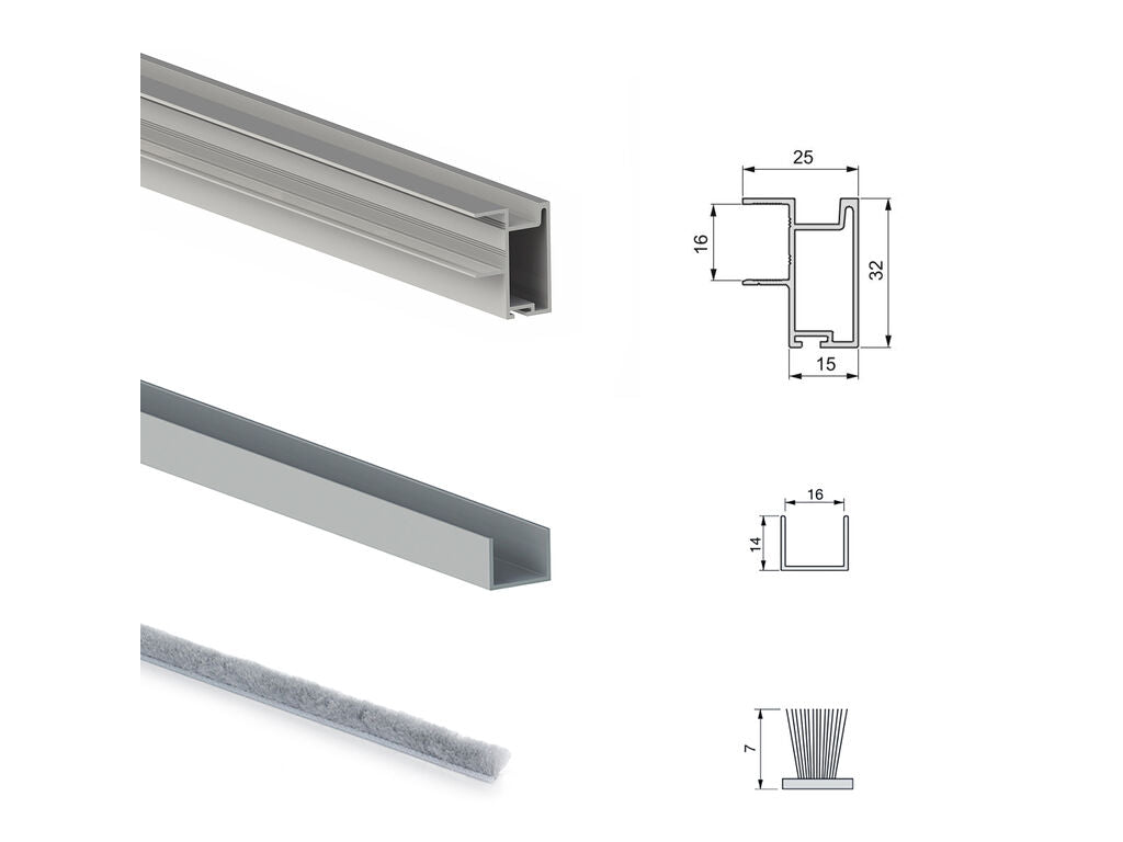 Emuca Hardware kit for 2 sliding doors and soft closing wardrobe Placard 81, Wave profile, 16mm thick, boards not included, Matt anodized