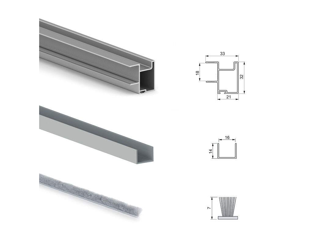 Emuca Hardware kit for 2 sliding doors and soft closing wardrobe Placard 81, Wave profile, 16mm thick, boards not included, Matt anodized