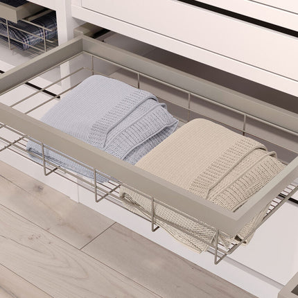 Wire basket wardrobe and soft-closing guide frame