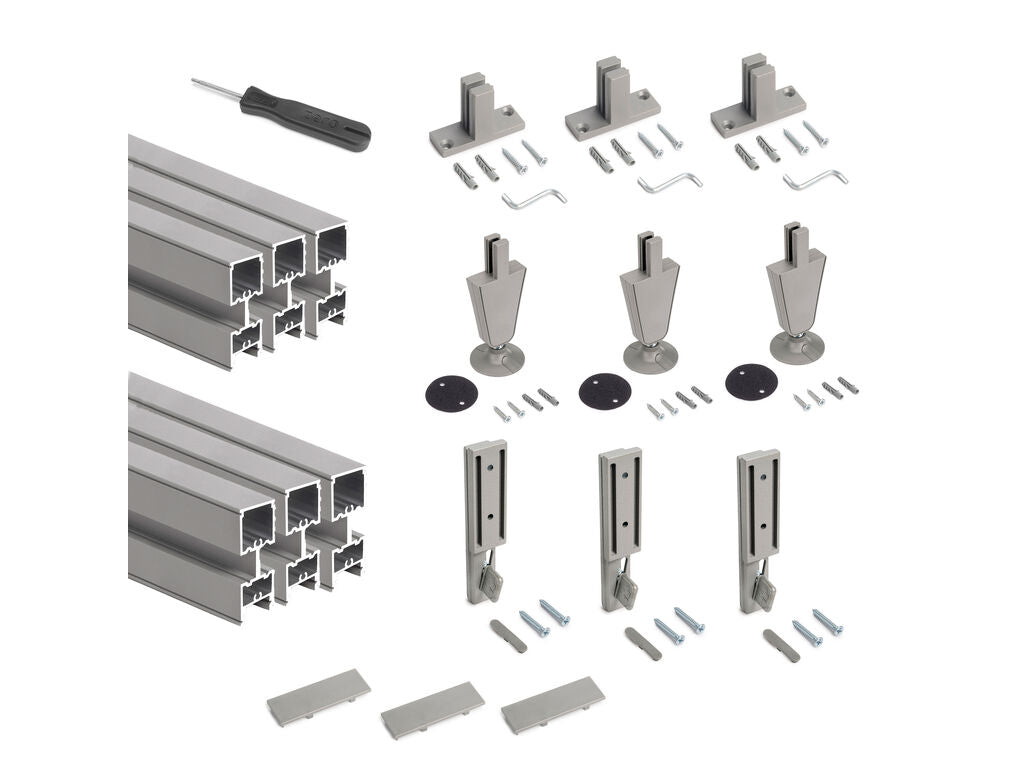 Emuca Set of 2 Zero structures with fittings and profiles for floor and wall mounting with circular leveller, Aluminium and Zamak, Stone Grey