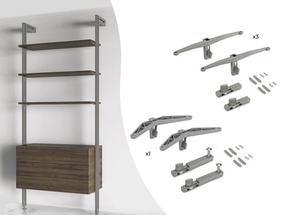 Emuca Kit of supports for 3 wooden shelves and 1 module for the Zero structure, Zamak, Textured black paint